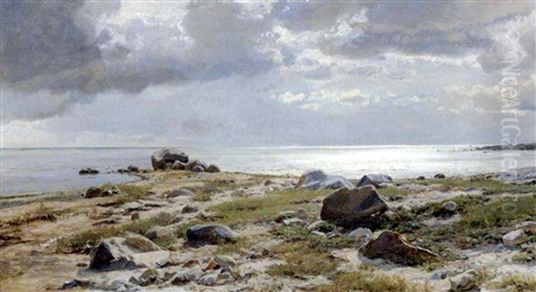 Strandparti Med Skyer Og Store Sten Oil Painting by Janus la Cour