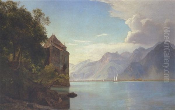 Parti Fra Genfersoen Med Chateau Chillon Oil Painting by Janus la Cour