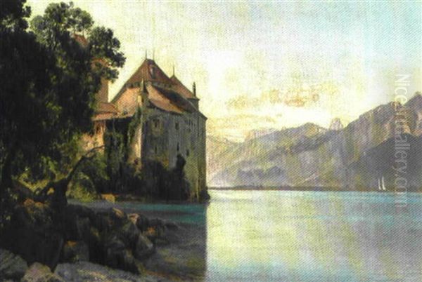 Parti Fra Genfersoen Med Chateau Chillon Oil Painting by Janus la Cour