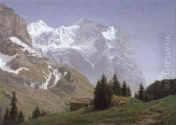 Dal Ved Wetterhorn, I Forgrunden S+tterhytte Oil Painting by Janus la Cour