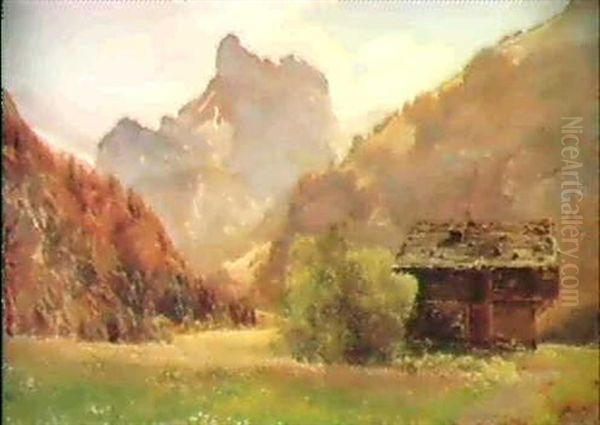 En Dal Ved Kandersteg, I Forgrunden En Saeterhytte Oil Painting by Janus la Cour