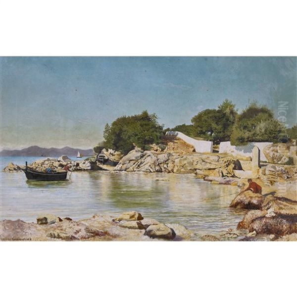 Sonnige Mittelmeerkuste Mit Fischern Oil Painting by Maurice Francois Auguste Courant