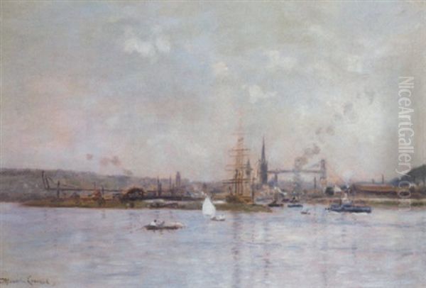 A Calm Day On The River With A Busy Town Beyond Oil Painting by Maurice Francois Auguste Courant