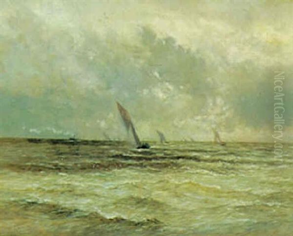 Marine Med Sejlskibe, Bygevejr Oil Painting by Maurice Francois Auguste Courant