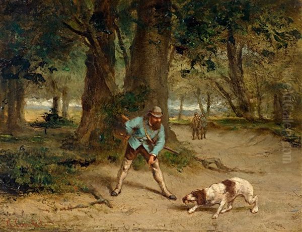 Hunter With His Dog In A Forest Landscape Oil Painting by Gustave Courbet