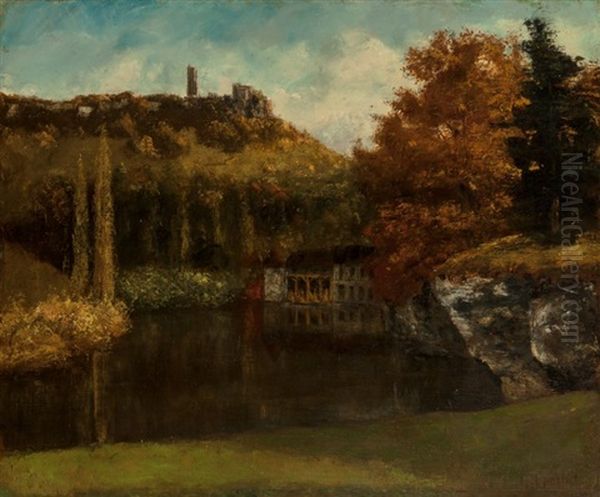 Le Lavoir (vue Et Ruines Du Chateau De Scey-en-varais) Oil Painting by Gustave Courbet