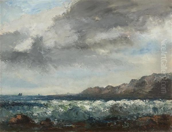 Coastal Landscape With Stormy Sea (collab. W/worksho) Oil Painting by Gustave Courbet