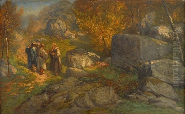 Monks And A Traveler On A Track In A Landscape Oil Painting by Gustave Courbet