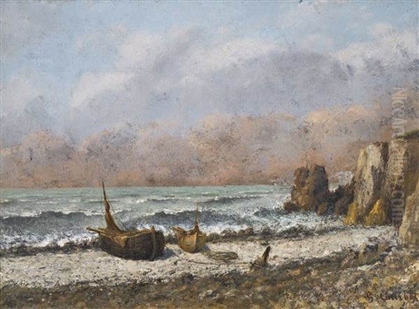 Deux Bateaux Sur La Plage Oil Painting by Gustave Courbet