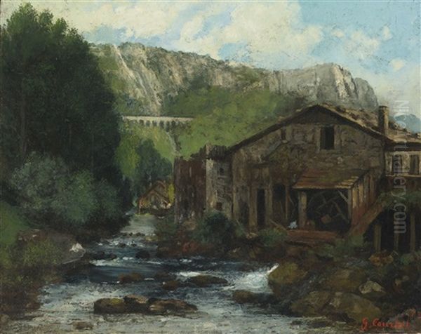 A Mill In A Rocky Landscape Oil Painting by Gustave Courbet