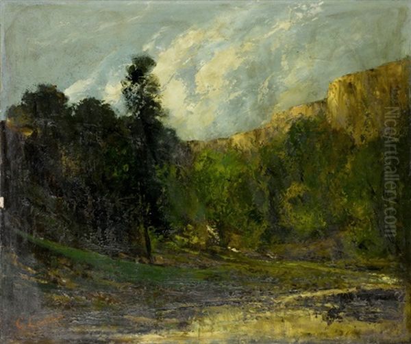 Kurvige Sandstrasse Im Jura Mit Einem Wasserfall Und Einer Quelle Im Hintergrund (collab. W/workshop) Oil Painting by Gustave Courbet