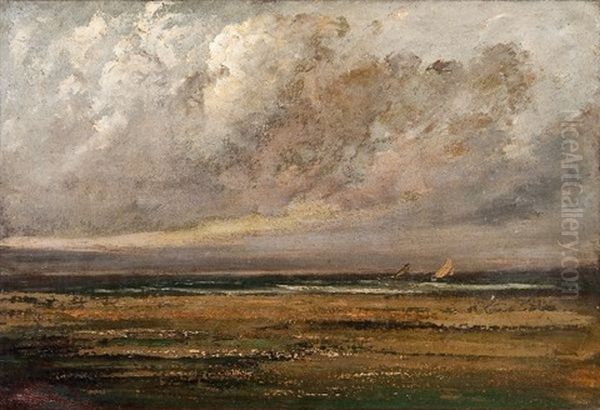 Cote Normande Pres De Trouville (voiliers Vu De La Greve) Oil Painting by Gustave Courbet