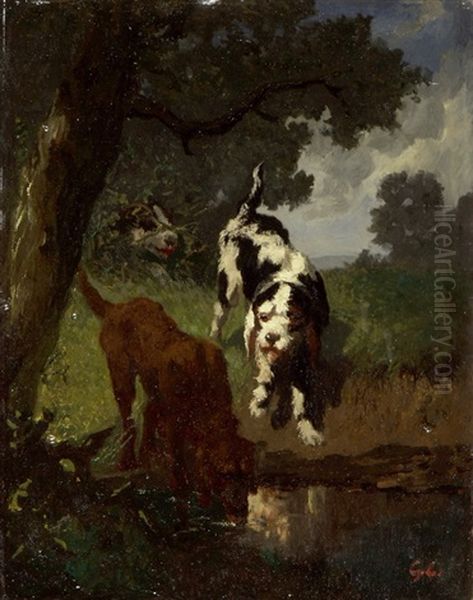 Drei Jagdhunde An Der Tranke Oil Painting by Gustave Courbet