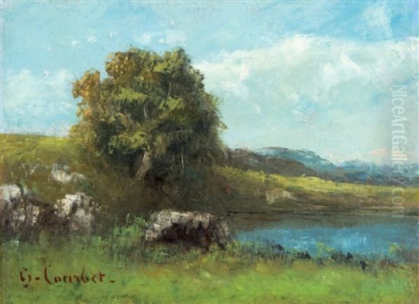 Rochers Et Arbres Pres D'un Lac (sketch) Oil Painting by Gustave Courbet