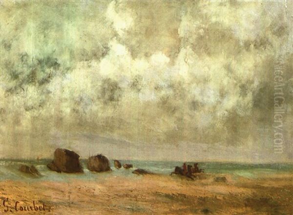 Ein Reiter Mit Einem Handpferd In Vollem Galopp An Einem Strand Unter Bewolktem Himmel Oil Painting by Gustave Courbet