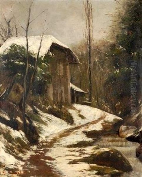 Sentier En Foret Sous La Neige (collab. W/cherubino Pata) Oil Painting by Gustave Courbet