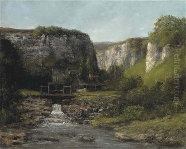 Jura Landscape With A Watermill (collab. W/studio) Oil Painting by Gustave Courbet