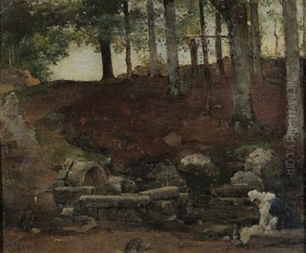 Wascherin An Einem Waldbach Oil Painting by Gustave Courbet