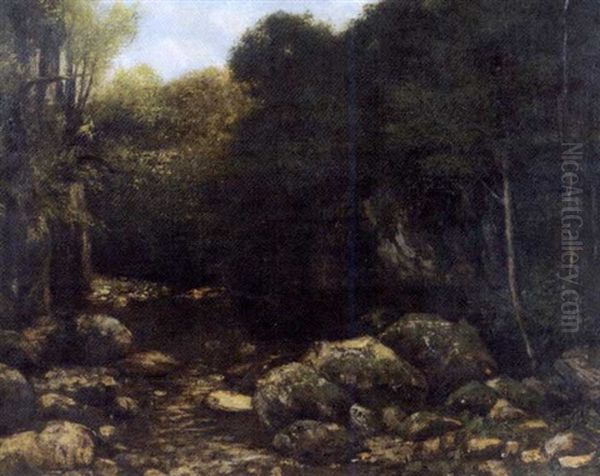 Sous Bois Avec Une Riviere (in Collab. W/alexandre Rapin) Oil Painting by Gustave Courbet