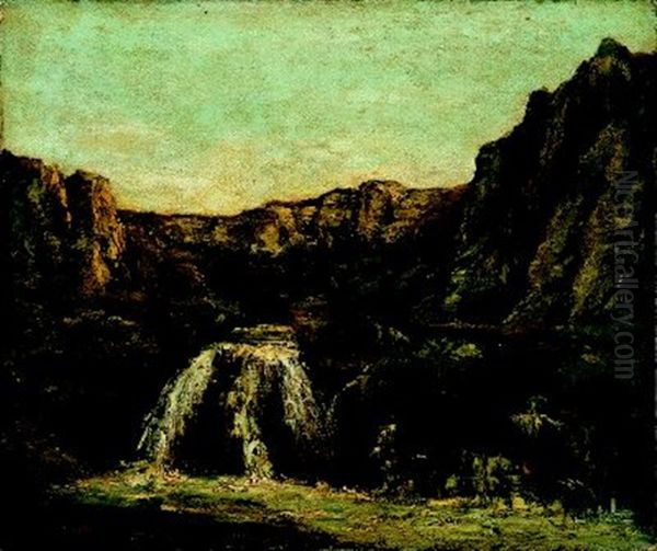 Schweizer Felslandschaft Mit Wasserfall (collab. W/ernest Brigot) Oil Painting by Gustave Courbet