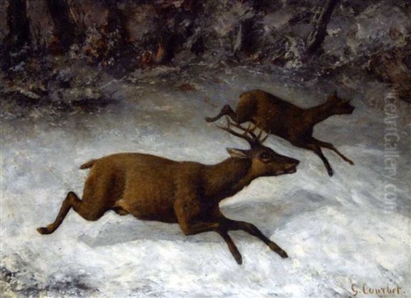 Cerfs A La Neige Oil Painting by Gustave Courbet