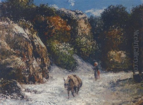 A Woman With A Donkey In A Snowy Landscape Oil Painting by Gustave Courbet