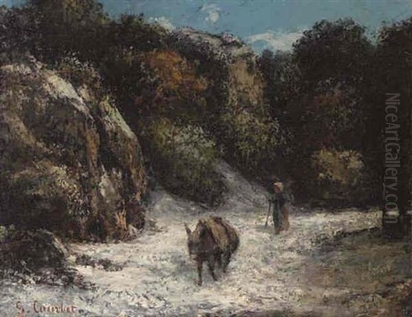 Woman With Donkey In A Snowy Landscape Oil Painting by Gustave Courbet