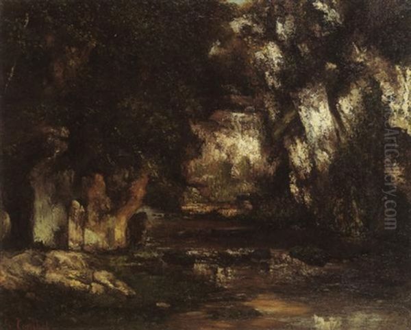 A Forest Interior With A Stream Oil Painting by Gustave Courbet