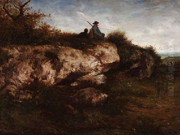 Herr Mit Seinem Jagdhund Auf Einer Anhohe Sitzend Oil Painting by Gustave Courbet