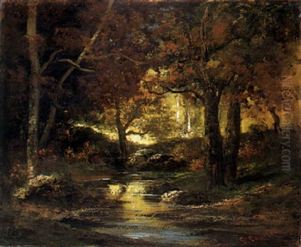 A Wooded Landscape With Stream Oil Painting by Gustave Courbet