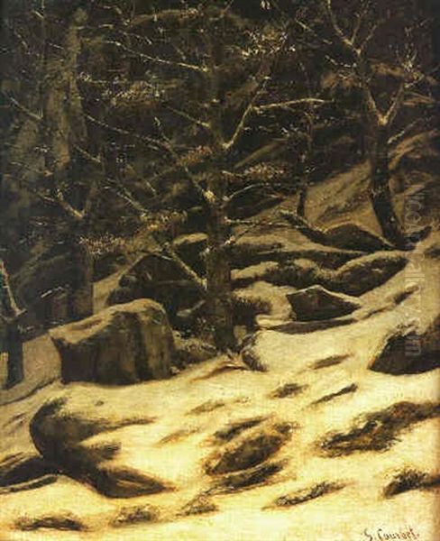 Les Rochers Sous La Neige Dans La Foret De Fontainebleau Oil Painting by Gustave Courbet