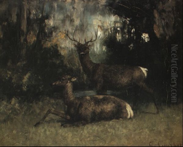 Cerf Et Biche Sous Bois Oil Painting by Gustave Courbet