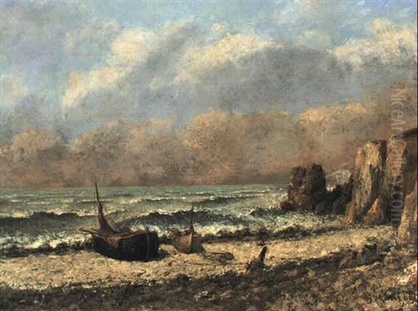 Deux Bateaux Sur La Plage Oil Painting by Gustave Courbet