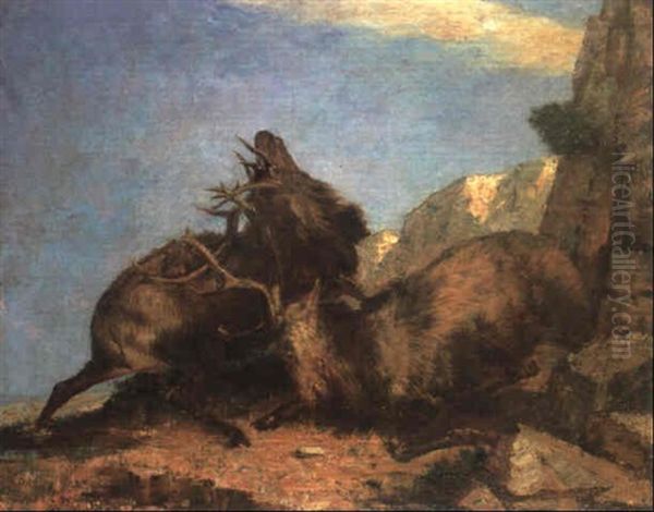 Fighting Stags In A Landscape Oil Painting by Gustave Courbet