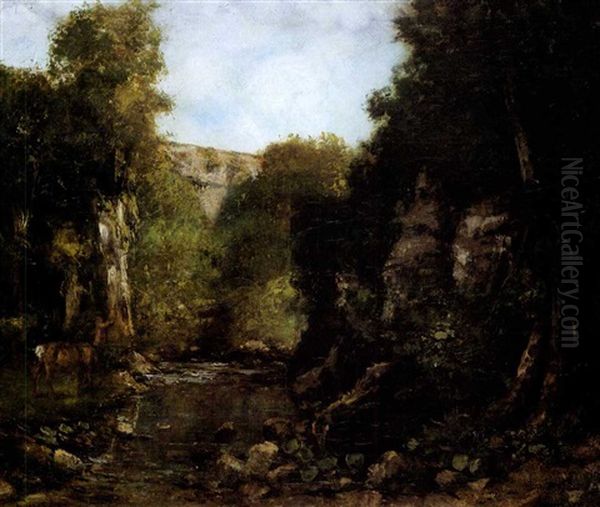 A Doe In A River Landscape At Doubs Oil Painting by Gustave Courbet