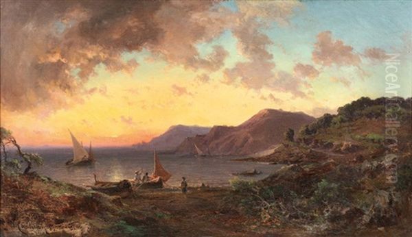 Coucher De Soleil Sur La Calanque Oil Painting by Vincent Joseph Francois Courdouan