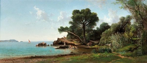 Plage Animee Aux Alentours De Toulon Oil Painting by Vincent Joseph Francois Courdouan