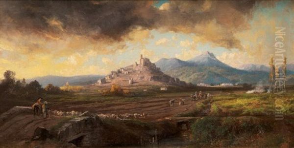 Paysans Sur Le Chemin Vers Le Chateau De La Garde Oil Painting by Vincent Joseph Francois Courdouan