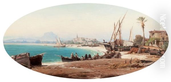 Dechargement De Tonneaux Dans Une Rade Oil Painting by Vincent Joseph Francois Courdouan