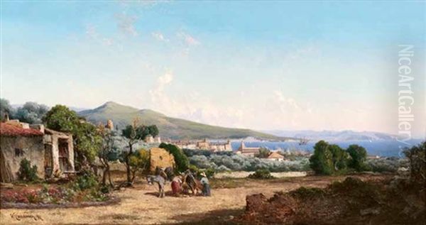 Village, Bord De Mer Oil Painting by Vincent Joseph Francois Courdouan