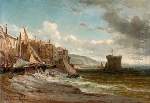 Port Mediterraneen Oil Painting by Vincent Joseph Francois Courdouan