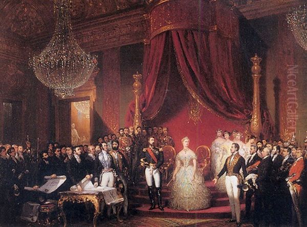 La Commission Du Musee Napoleon Presente A Leurs Majestes Imperiales, Au Palais De Saint-cloud, Les Plans Du Musee Fonde A Amiens Par L'empereur Oil Painting by Joseph Desire Court