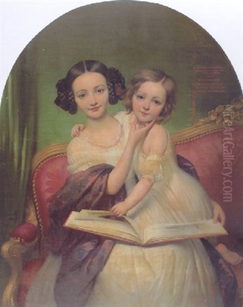 Portrait De Marguerite Louisa Cibiel Et De Marie Aglaure Cibiel Assises Sur Un Sofa, Feuilletant Un Livre Oil Painting by Joseph Desire Court