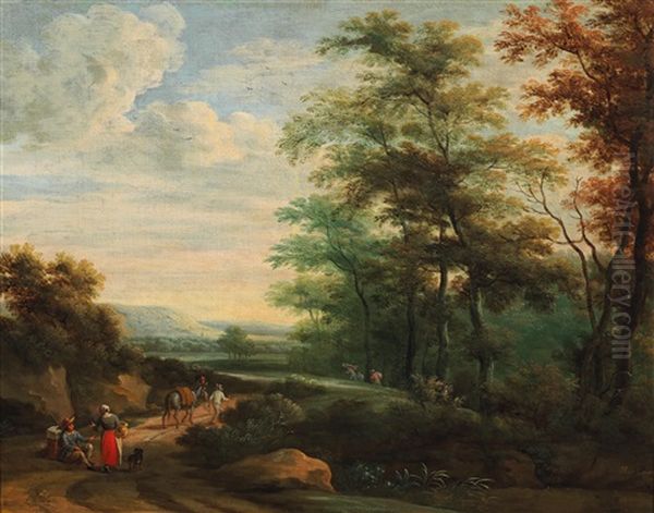 A Forest Landscape With A Resting Couple And Further Figures Oil Painting by Martinus De La Court