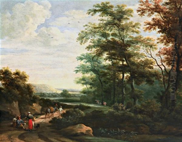 Waldlandschaft Mit Einem Rastenden Paar Und Einem Maultiertreiber Oil Painting by Martinus De La Court