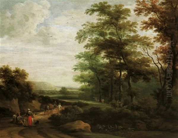 Waldlandschaft Mit Einem Rastenden Paar Und Einem Maultiertreiber Oil Painting by Martinus De La Court