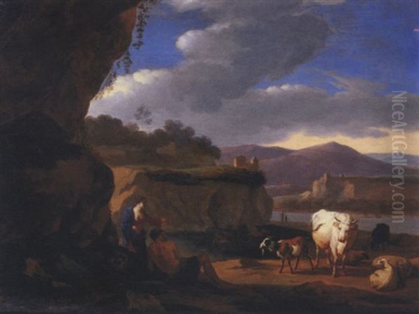 An Italianate Landscape With A Shepherd Couple With Sheep, Cattle And Goats Oil Painting by Martinus De La Court