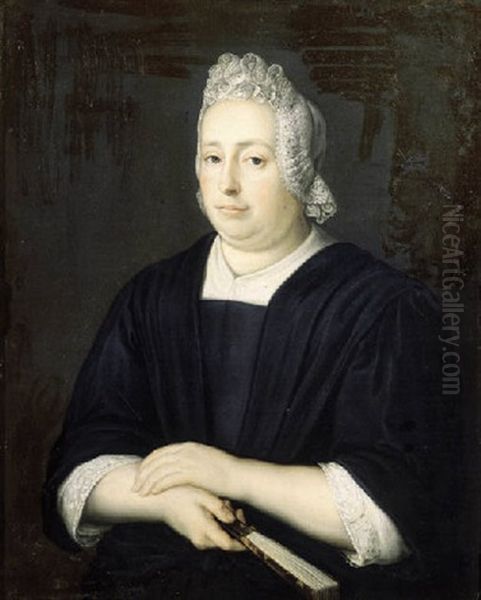 Portrait Of A Lady, Half-length, Wearing A Black Dress With Lace Chemise And Bonnet, Holding A Fan Oil Painting by Martinus De La Court