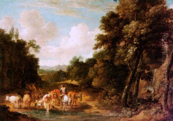 Bewaldete Landschaft Mit Bauer Und Vieh In Einer Furt Oil Painting by Martinus De La Court