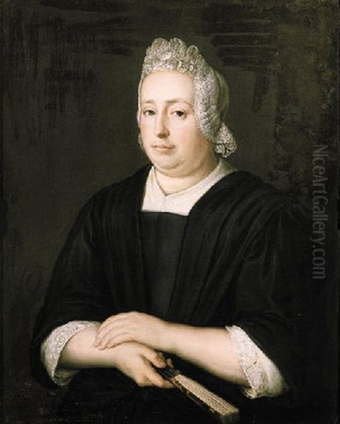 Portrait Of A Lady, Wearing A Black Dress With Lace Chemise And Bonnet, Holding A Fan In Her Right Hand Oil Painting by Martinus De La Court